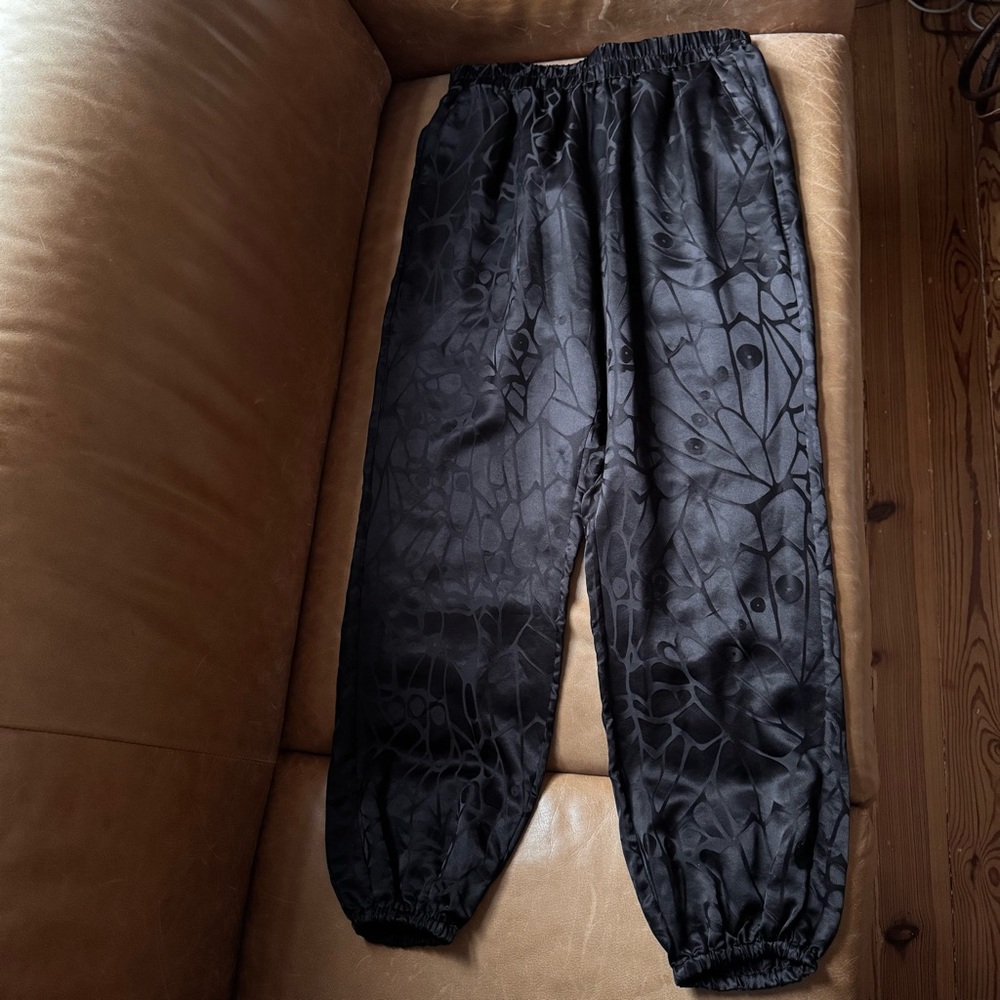 Anine Bing Logan Jogger Black Butterfly Jacquard print 100% silk pants medium